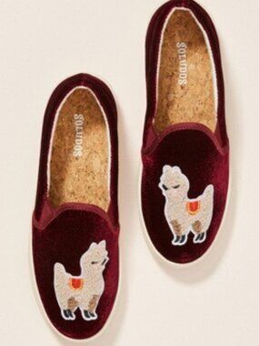 Soludos Velvet Llama Slip-On Sneakers | 9 | Burgundy | Embroidered Flats